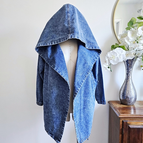 90s Madein Dark Wash Denim Avant Garde Dramatic Shawl Collar Hooded Wrap Jacket - Picture 2 of 16